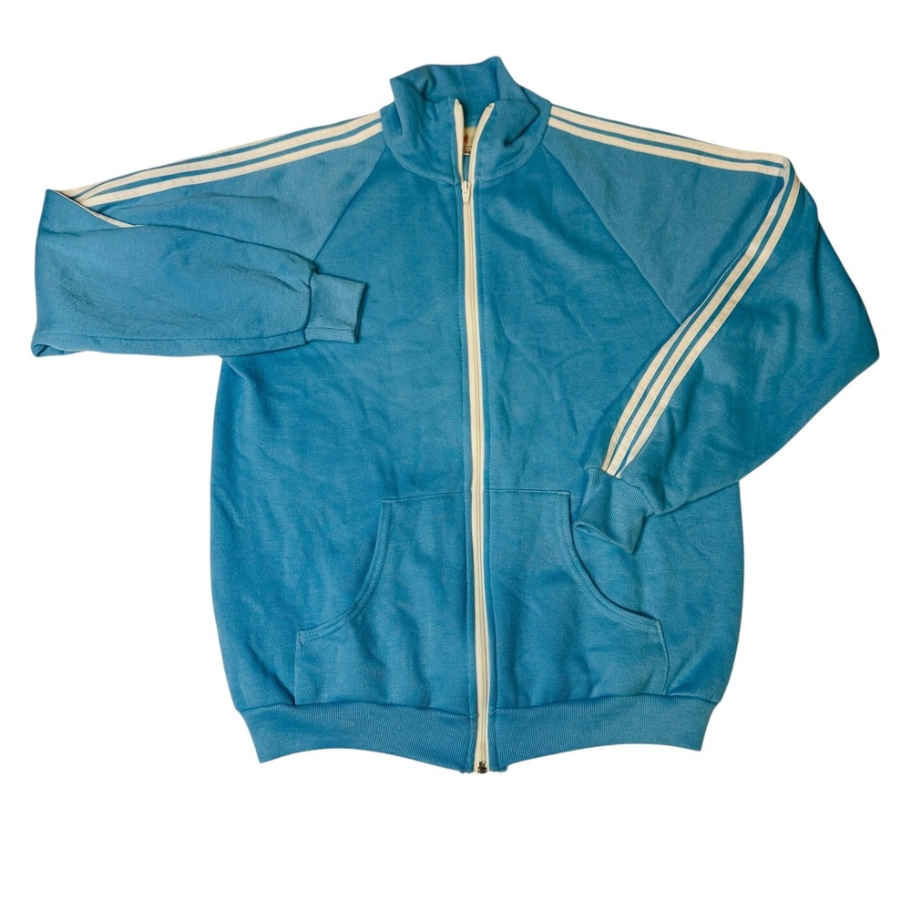 Vtg Blue Warm Up Track Jacket Mens Large Made in USA Athletic Stripes 80s 90s